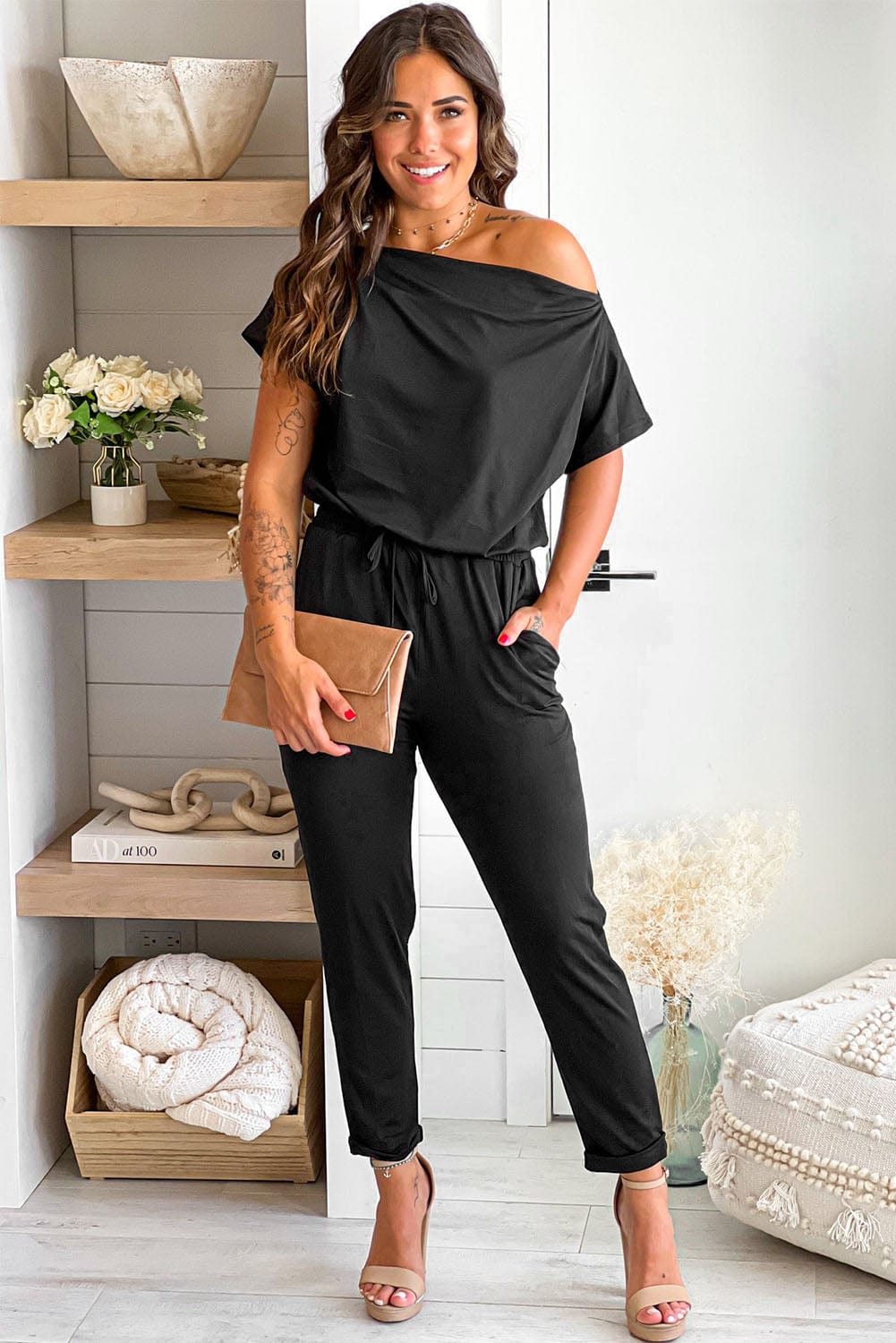 Elegant Black Tapered Jumpsuit with Tie Waist