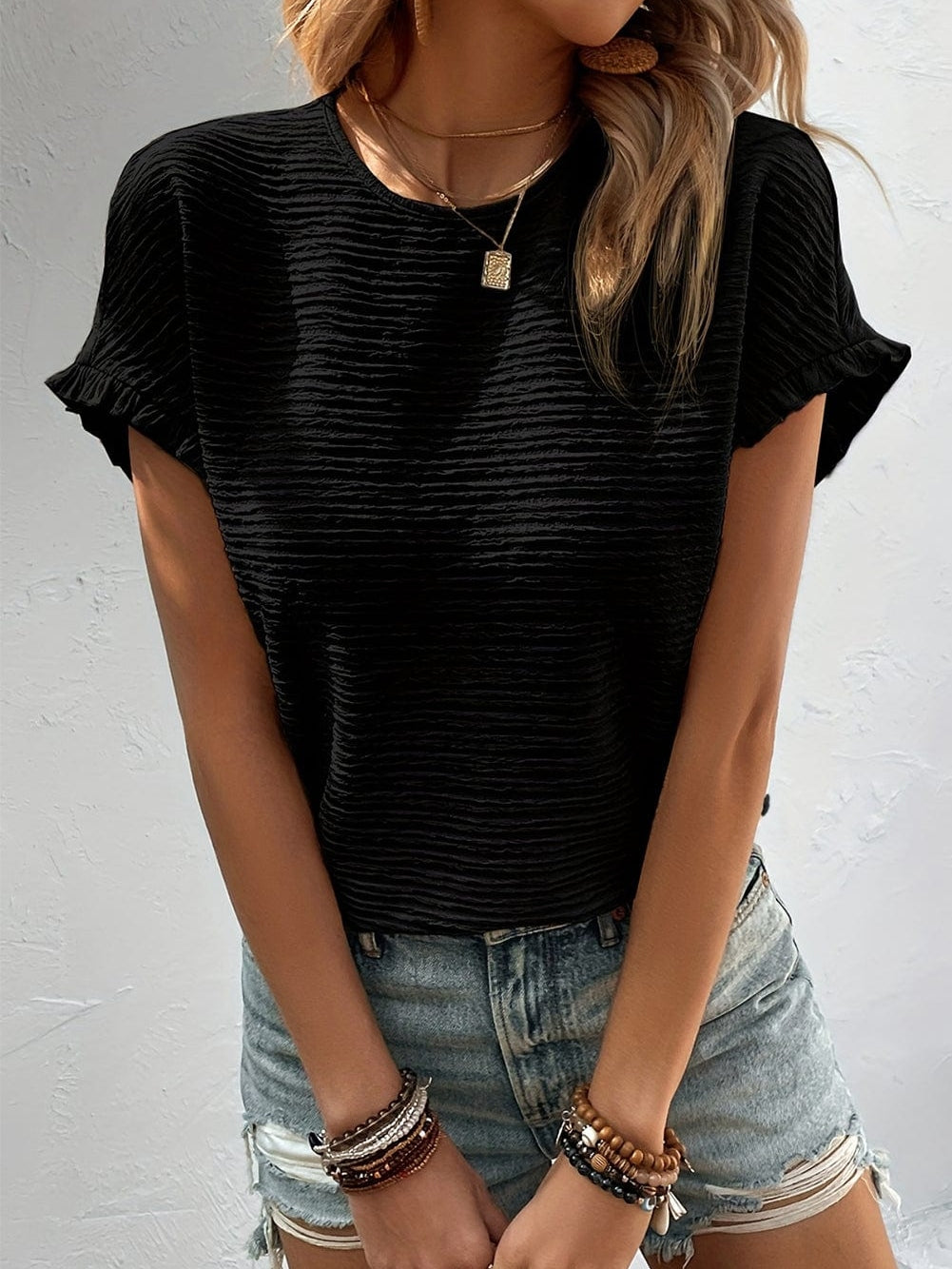 Elegant Black Textured Ruffle Sleeve Blouse