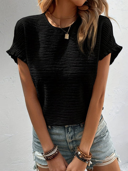 Elegant Black Textured Ruffle Sleeve Blouse