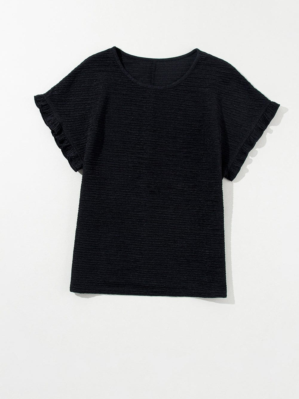 Elegant Black Textured Ruffle Sleeve Blouse