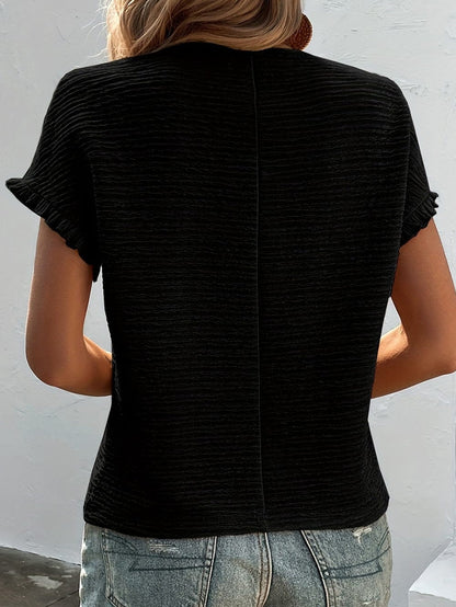Elegant Black Textured Ruffle Sleeve Blouse