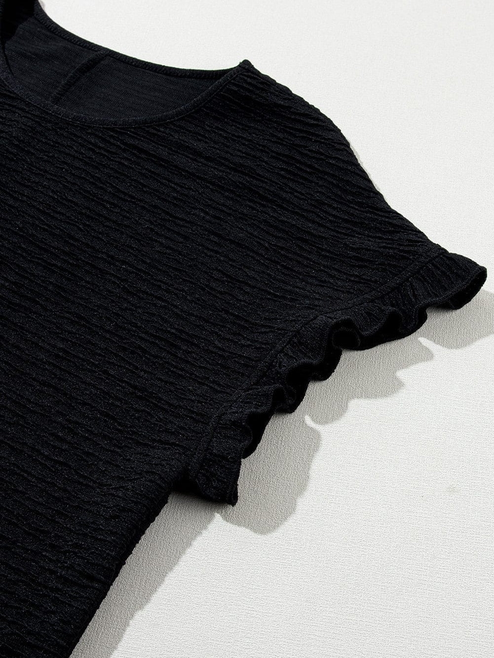Elegant Black Textured Ruffle Sleeve Blouse
