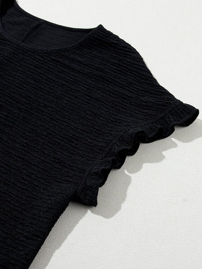 Elegant Black Textured Ruffle Sleeve Blouse