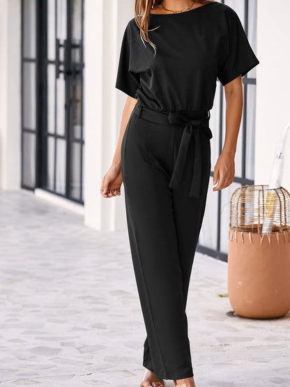 Elegant Black Tie-Waist Batwing Jumpsuit