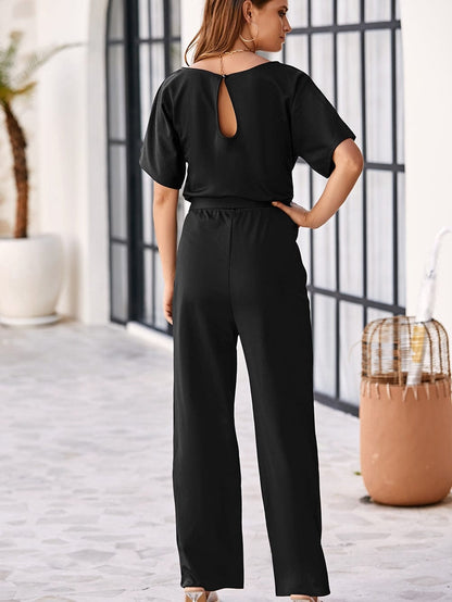 Elegant Black Tie-Waist Batwing Jumpsuit