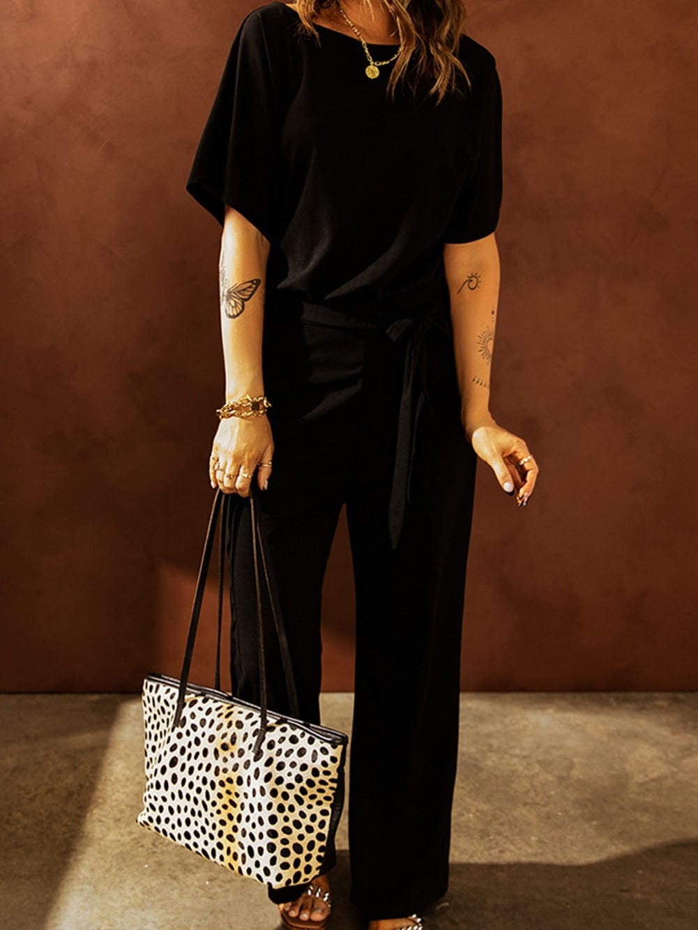 Elegant Black Tie-Waist Batwing Jumpsuit