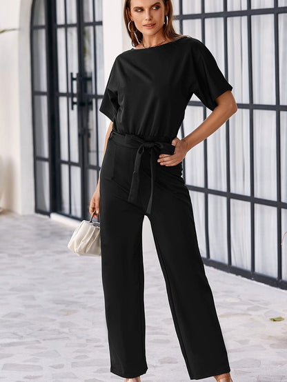 Elegant Black Tie-Waist Batwing Jumpsuit