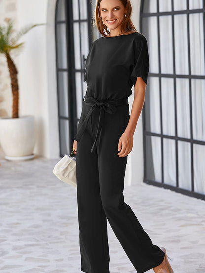 Elegant Black Tie-Waist Batwing Jumpsuit