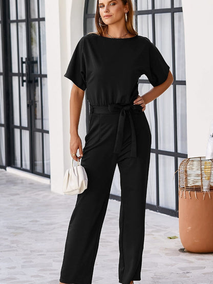 Elegant Black Tie-Waist Batwing Jumpsuit