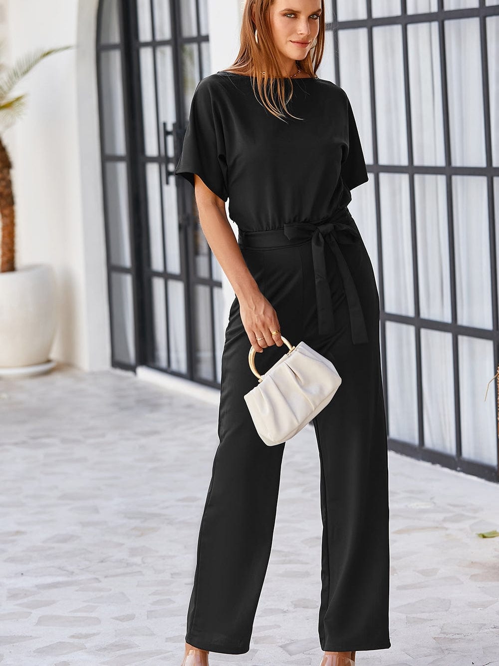 Elegant Black Tie-Waist Batwing Jumpsuit