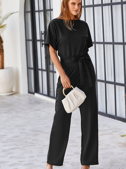Elegant Black Tie-Waist Batwing Jumpsuit