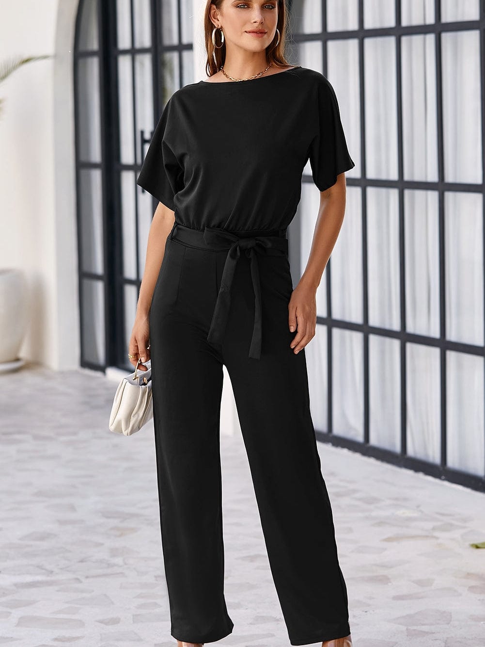 Elegant Black Tie-Waist Batwing Jumpsuit