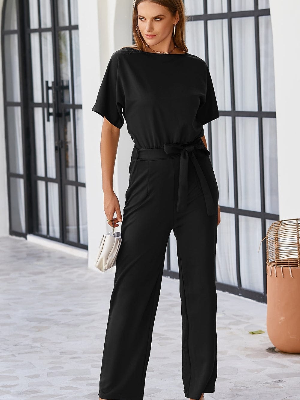 Elegant Black Tie-Waist Batwing Jumpsuit