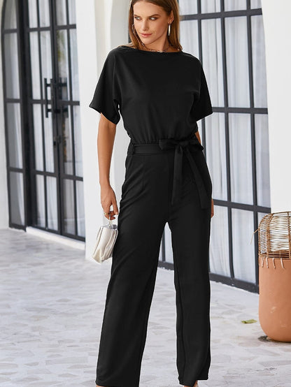 Elegant Black Tie-Waist Batwing Jumpsuit