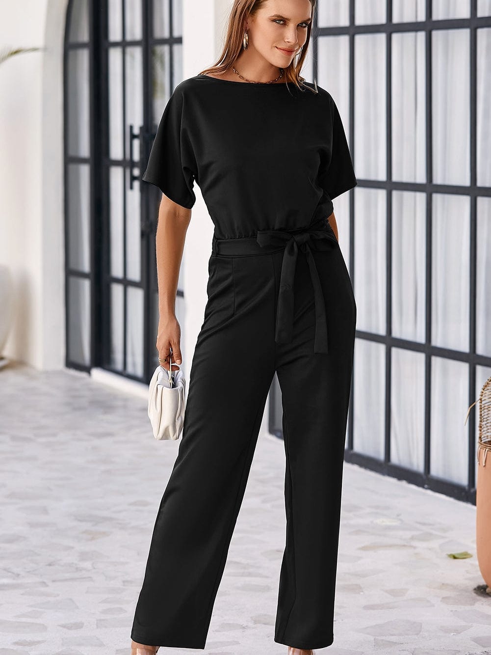Elegant Black Tie-Waist Batwing Jumpsuit