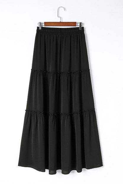 Elegant Black Tiered Maxi Skirt with Drawstring Waist