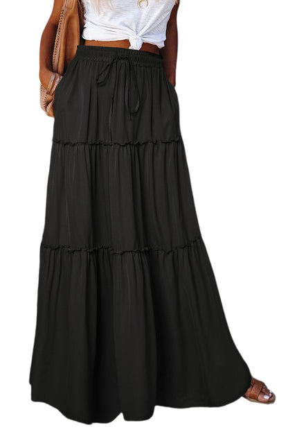 Elegant Black Tiered Maxi Skirt with Drawstring Waist