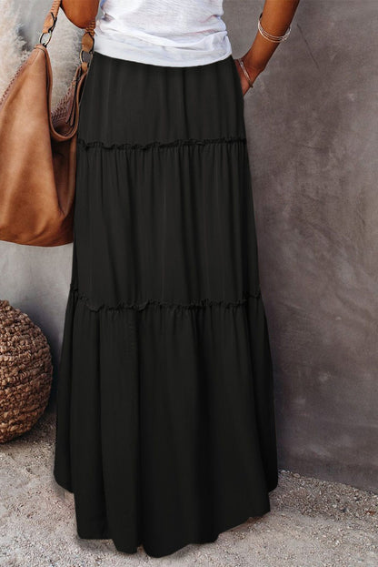 Elegant Black Tiered Maxi Skirt with Drawstring Waist