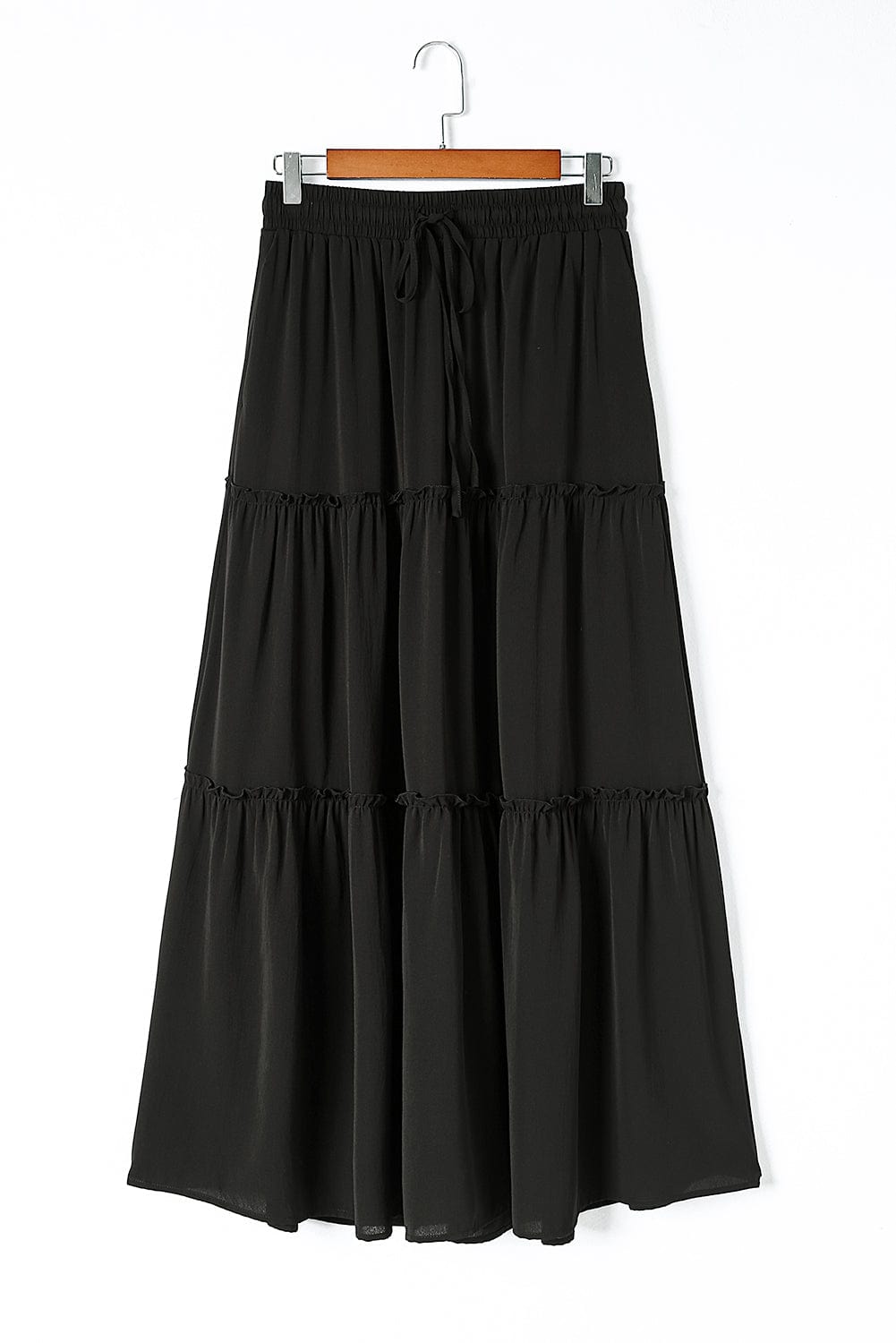 Elegant Black Tiered Maxi Skirt with Drawstring Waist