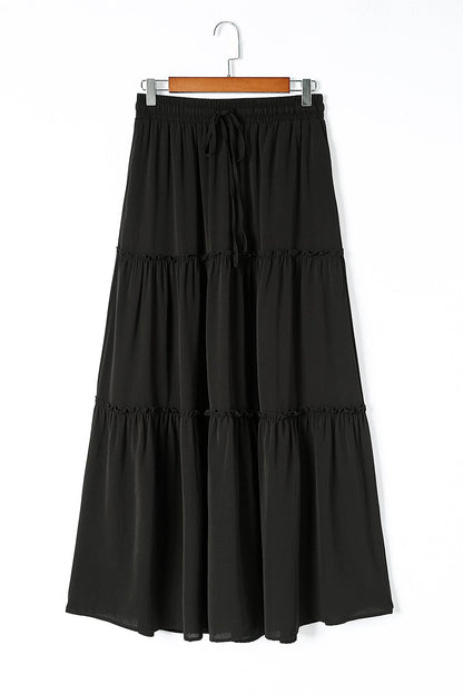 Elegant Black Tiered Maxi Skirt with Drawstring Waist