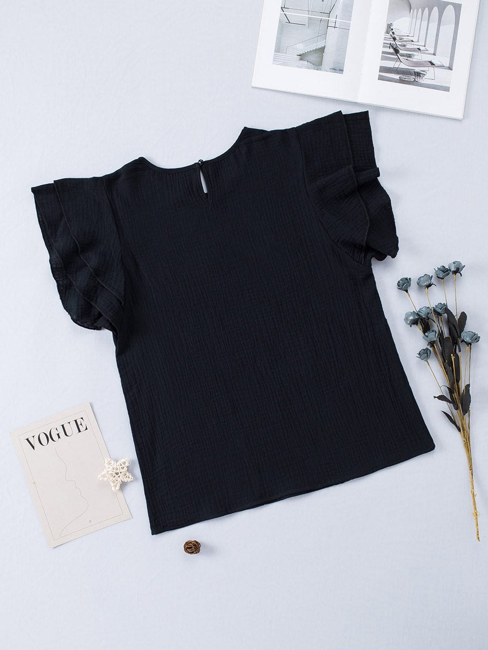 Elegant Black Tiered Ruffle Textured Blouse with Short Sleeves