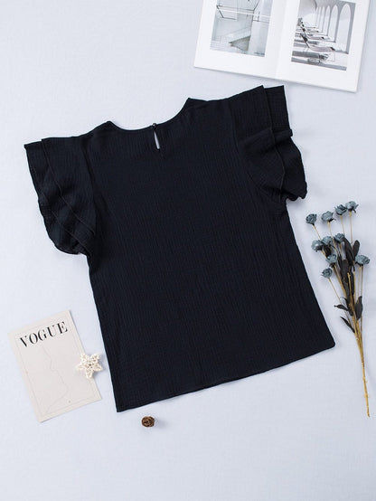 Elegant Black Tiered Ruffle Textured Blouse with Short Sleeves