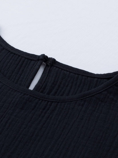 Elegant Black Tiered Ruffle Textured Blouse with Short Sleeves