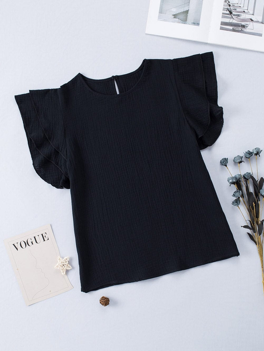 Elegant Black Tiered Ruffle Textured Blouse with Short Sleeves