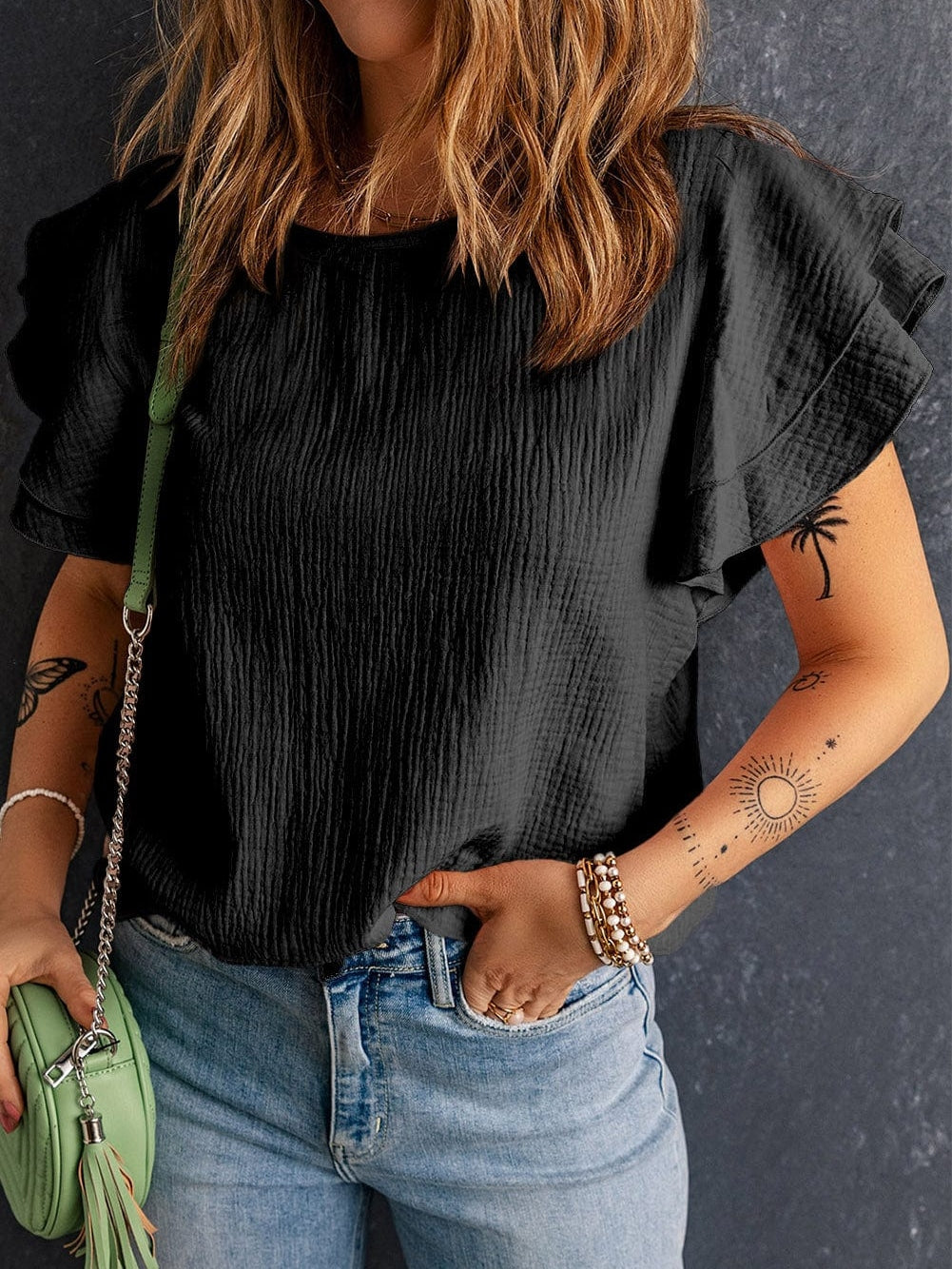 Elegant Black Tiered Ruffle Textured Blouse with Short Sleeves