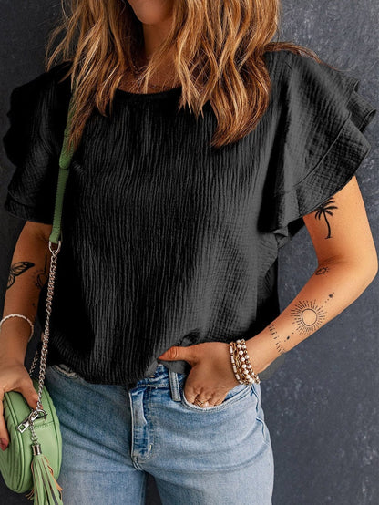 Elegant Black Tiered Ruffle Textured Blouse with Short Sleeves