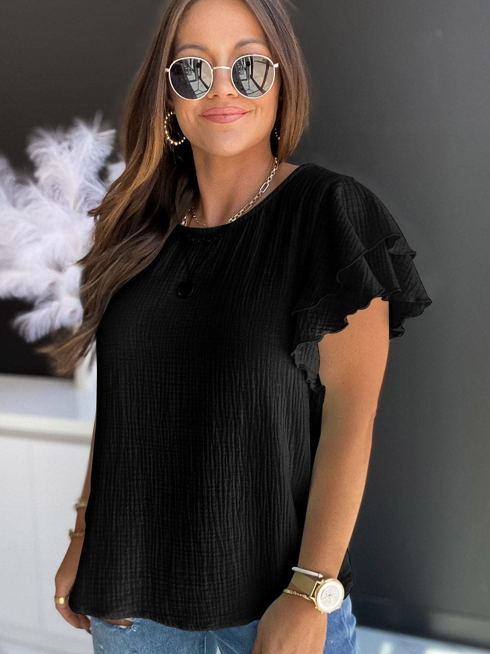 Elegant Black Tiered Ruffle Textured Blouse with Short Sleeves