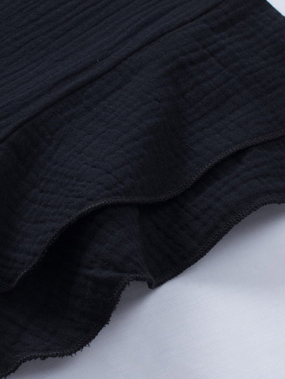 Elegant Black Tiered Ruffle Textured Blouse with Short Sleeves