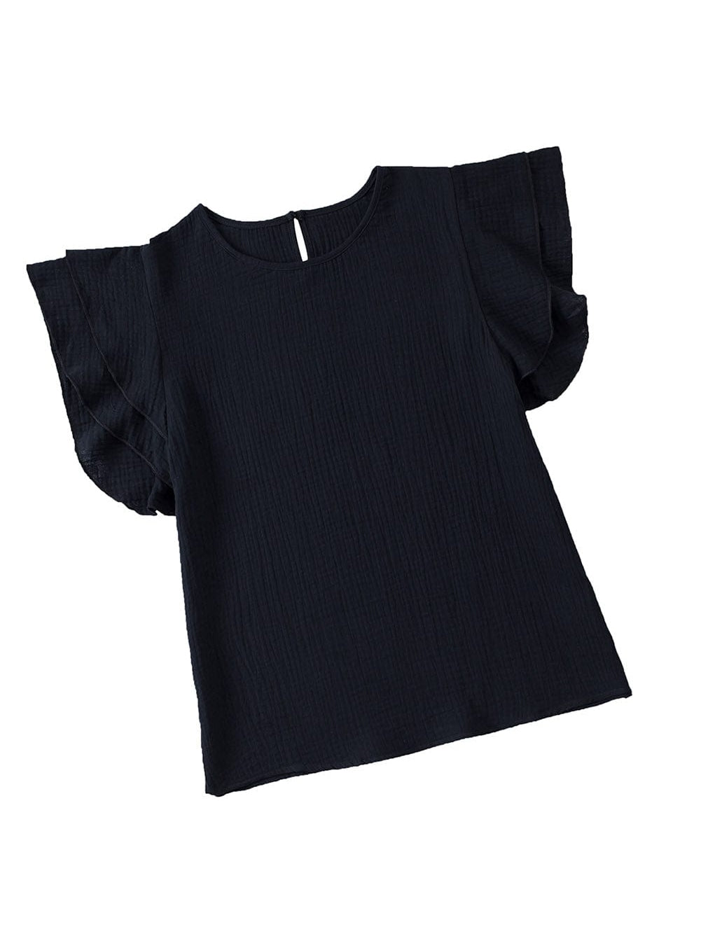 Elegant Black Tiered Ruffle Textured Blouse with Short Sleeves