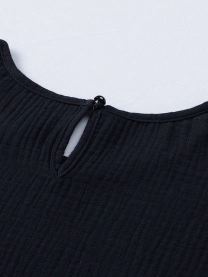 Elegant Black Tiered Ruffle Textured Blouse with Short Sleeves