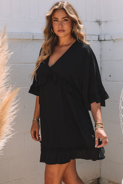 Elegant Black V-Neck Babydoll Mini Dress with Ruffled Sleeves
