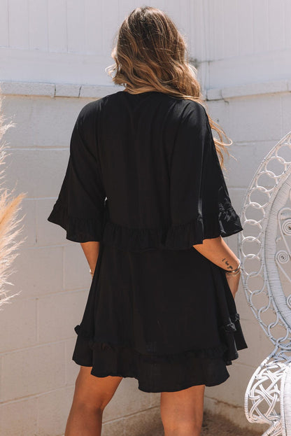 Elegant Black V-Neck Babydoll Mini Dress with Ruffled Sleeves