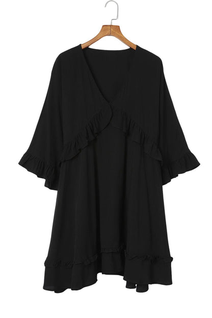 Elegant Black V-Neck Babydoll Mini Dress with Ruffled Sleeves