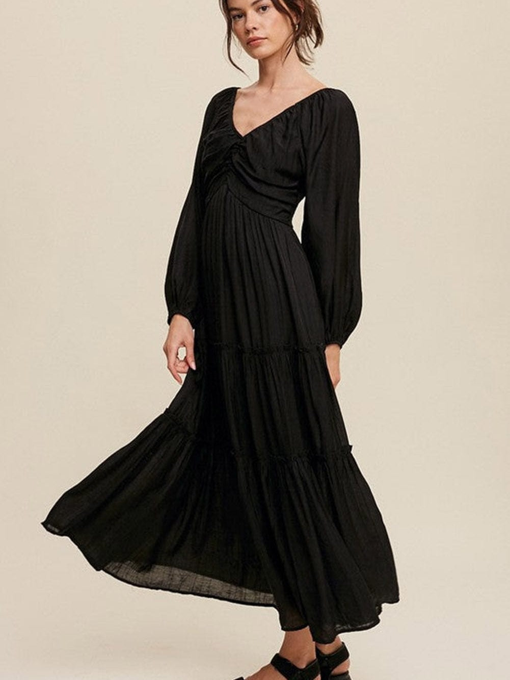 Elegant Black V Neck Bow Detail Ruffle Maxi Dress