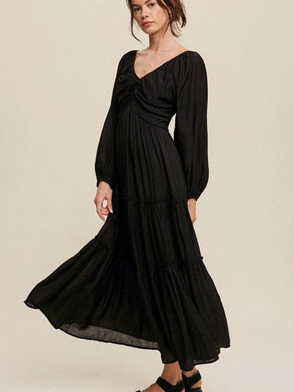 Elegant Black V Neck Bow Detail Ruffle Maxi Dress
