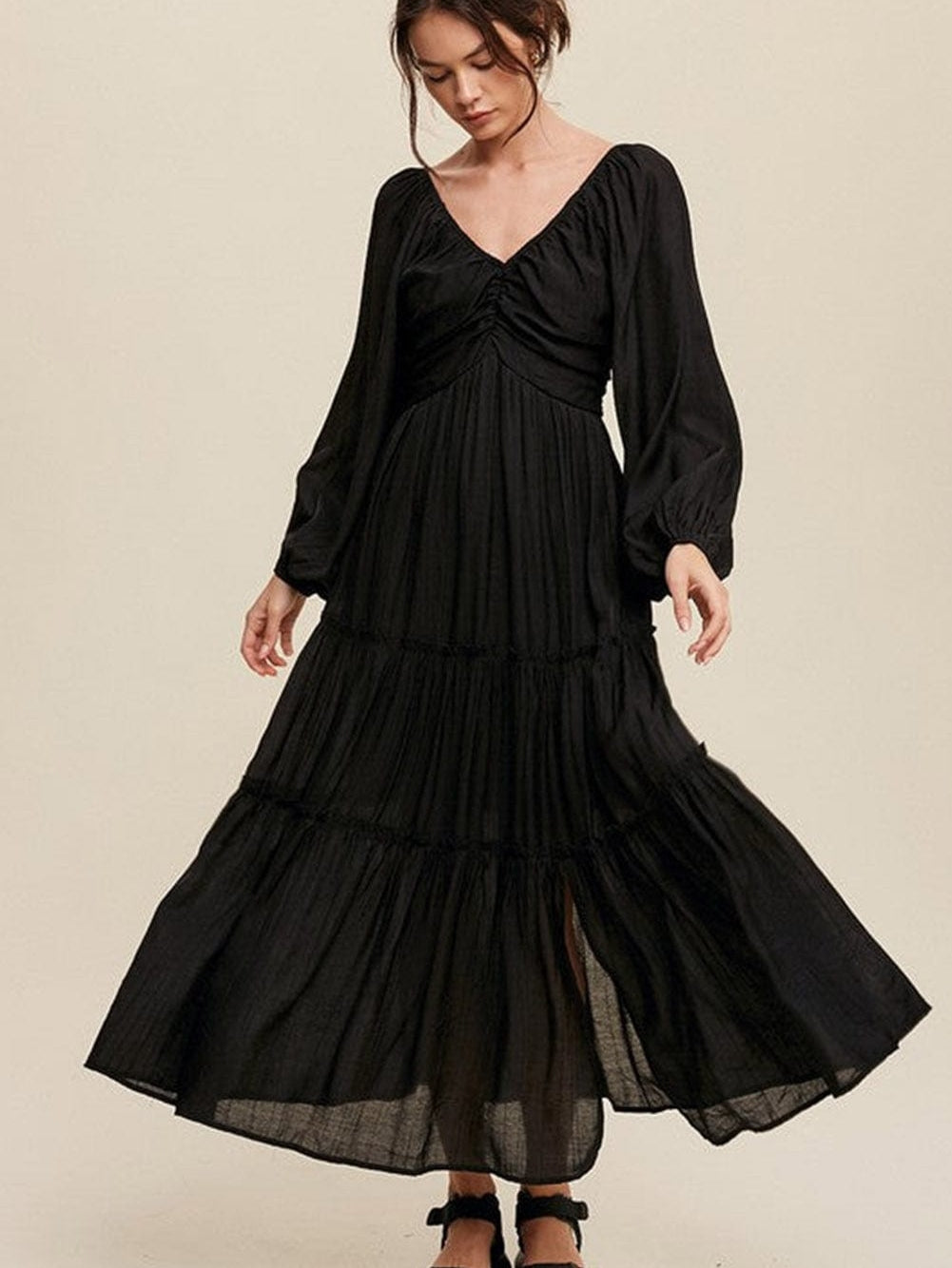 Elegant Black V Neck Bow Detail Ruffle Maxi Dress