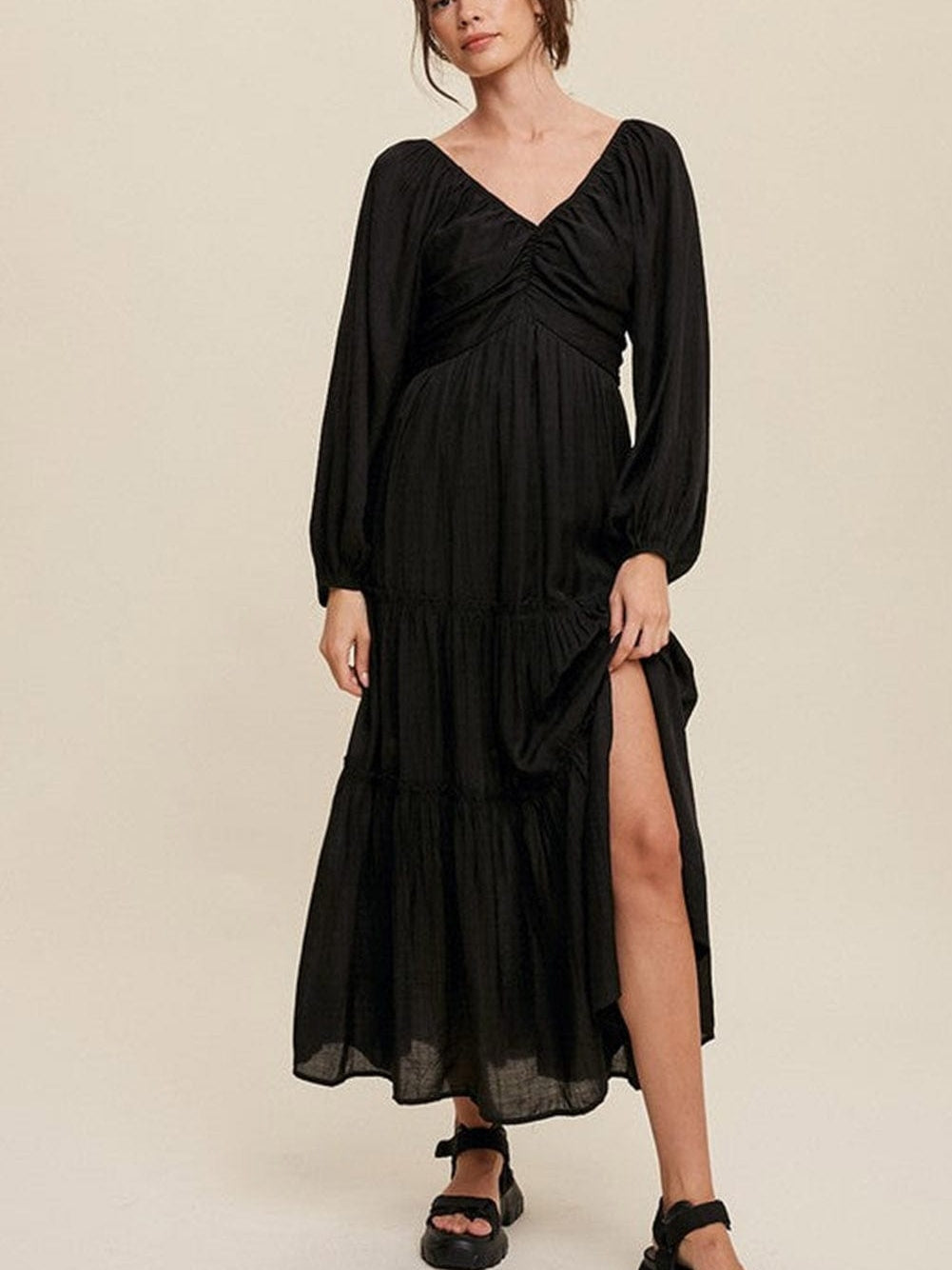 Elegant Black V Neck Bow Detail Ruffle Maxi Dress