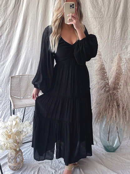 Elegant Black V Neck Bow Detail Ruffle Maxi Dress