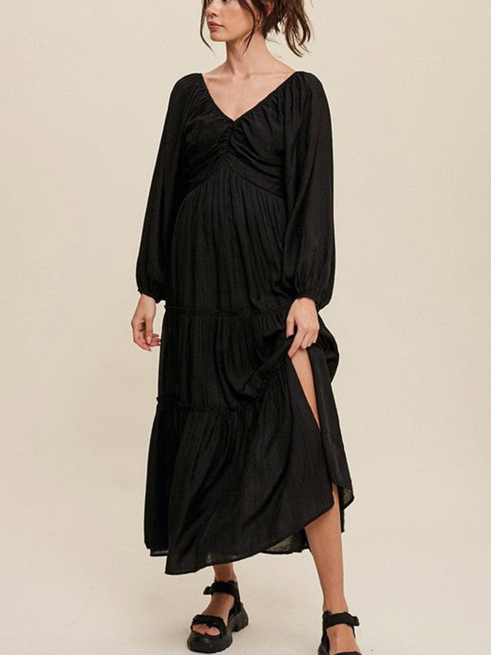 Elegant Black V Neck Bow Detail Ruffle Maxi Dress