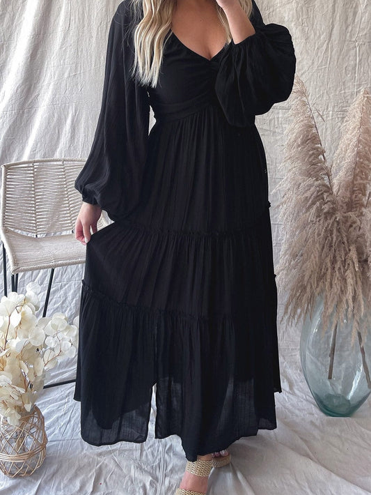 Elegant Black V Neck Bow Detail Ruffle Maxi Dress