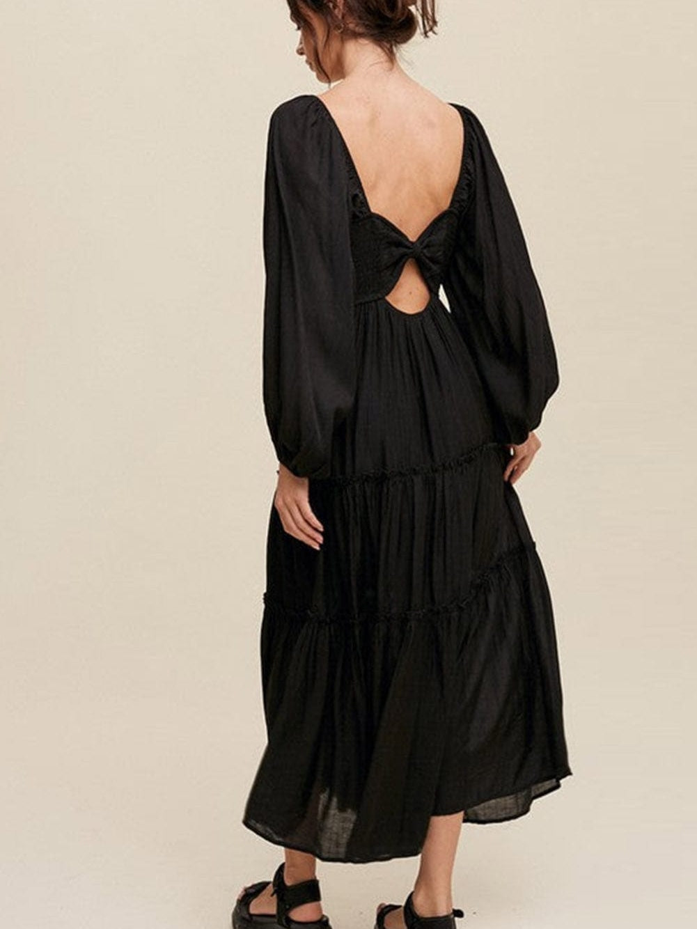 Elegant Black V Neck Bow Detail Ruffle Maxi Dress