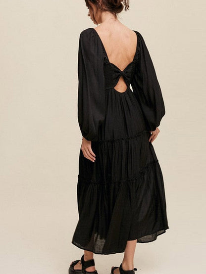 Elegant Black V Neck Bow Detail Ruffle Maxi Dress
