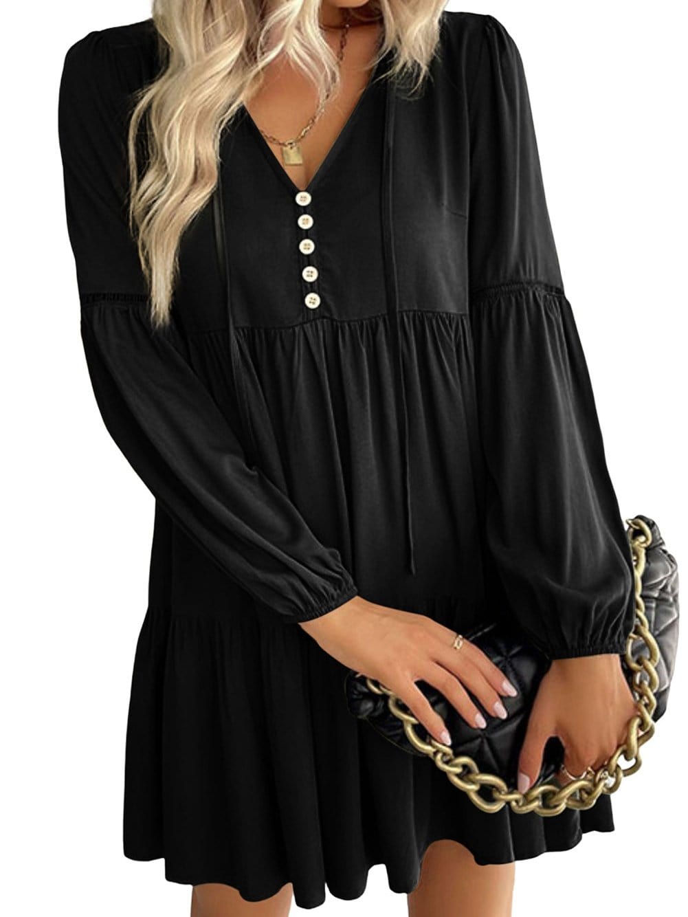 Elegant Black V-Neck Lace Mini Dress with Puff Sleeves