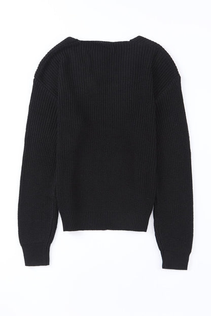 Elegant Black V-Neck Ribbed Knit Sweater
