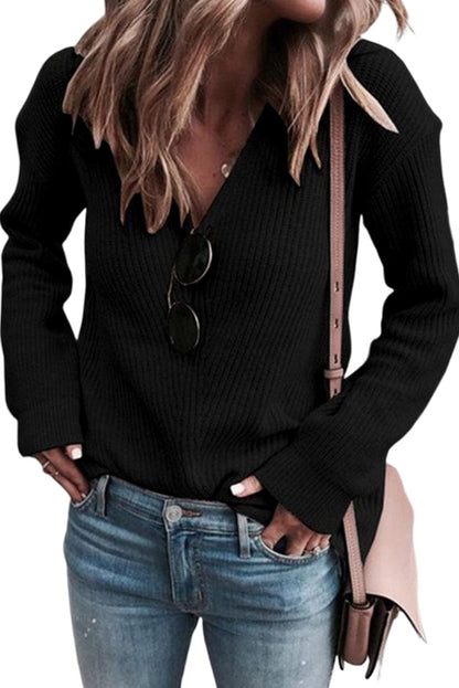 Elegant Black V-Neck Ribbed Knit Sweater
