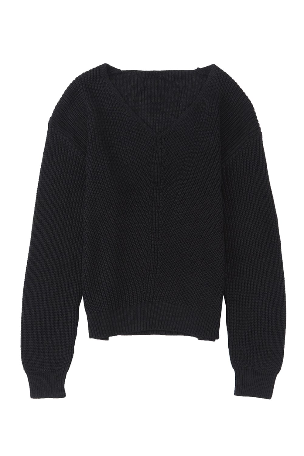 Elegant Black V-Neck Ribbed Knit Sweater